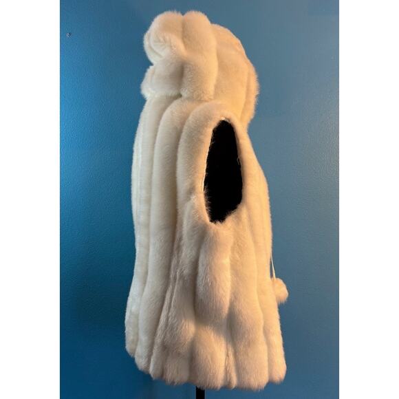 Nine West Ivory Faux Fur Vest Hood Pockets Zipper Close Pom Pom Drawstring XL L - Picture 2 of 8